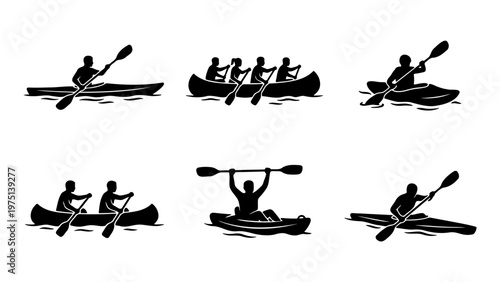 Kayaking and canoeing silhouette icons, set of 6 water sports vector elements, rowing and paddling athletes in boats, outdoor river recreation symbols