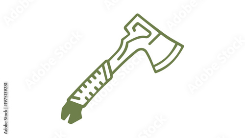 Minimalist olive green line icon vector illustration of a survival axe or hatchet for camping, woodcutting, and outdoor adventure. Scalable flat design for hiking and bushcraft equipment graphics.