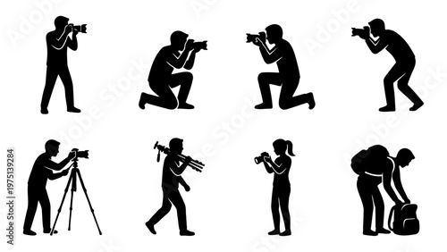 Professional photographer silhouettes set, 8 vector icons of people with cameras and tripods, photography hobbyist and journalist figures