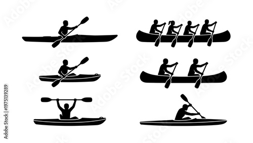 Black silhouette kayak and canoe icons, set of 6 rowing and paddling vector elements, water sports athletes in boats for outdoor adventure design
