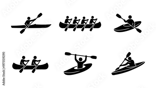Kayaking and canoeing icon set, black silhouette rowing symbols, water sports vector elements for outdoor recreation and competition