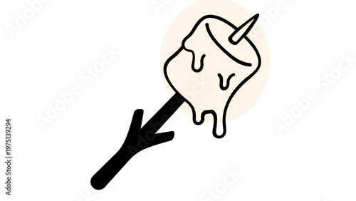 Minimalist vector illustration of a melting roasted marshmallow on a wooden stick, campfire snack icon for outdoor camping and hiking adventures, flat design element isolated on white background.