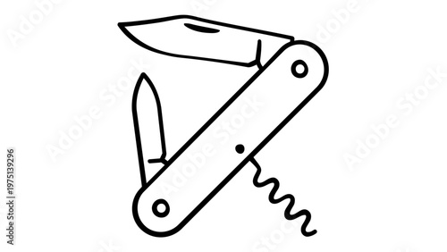 Multi-tool Pocket Knife Vector Icon Illustration for Camping, Hiking, and Outdoor Survival. Minimalist Black and White Line Art Design Featuring Blade, Small Knife, and Corkscrew Utility Tool.