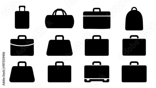 Minimalist luggage icon set, black silhouette travel bag collection, 12 vector elements for business trip and vacation planning