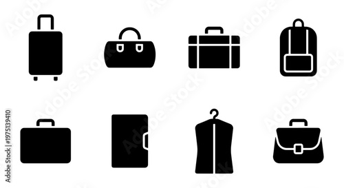 Minimalist travel luggage icons set, black solid vector baggage symbols, 8 professional suitcase and briefcase elements for tourism and business trips
