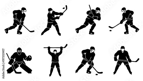 Ice hockey player silhouettes set, 8 professional athlete vector icons, black and white sports figures in action poses, goalie and skater graphics