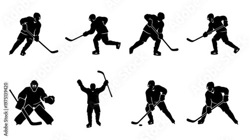 Ice hockey player silhouettes set, 8 professional athlete vector icons, hockey goalie and skaters in action poses, black sport figures on white background