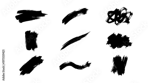 Grunge black paint brush strokes, set of 9 hand drawn ink splatters and smears, textured charcoal vector elements for artistic design