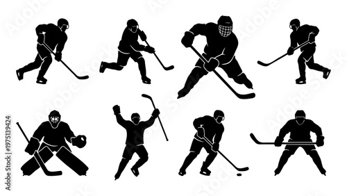 Ice hockey player silhouettes set, professional athlete vector collection, black goalie and skater figures, winter sports action poses for graphic design