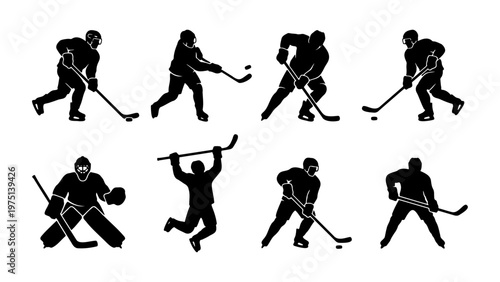 Ice hockey player silhouettes set, 8 professional athlete vector icons, black hockey player figures in action poses, goalie and skater graphics