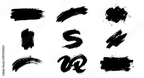 Grunge black ink brush strokes set, hand drawn paint splatter collection, textured charcoal smear vector elements for artistic design