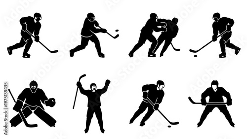 Ice hockey player silhouettes set, professional hockey athletes in action poses, black vector icons of skaters and goalie, 8 sports elements
