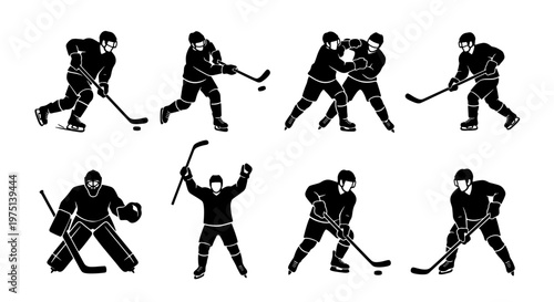 Ice hockey player silhouettes set, 8 black vector icons of professional athletes, hockey goalie and skaters in action poses for sports branding