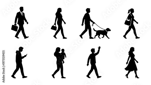 Walking people silhouettes set, diverse pedestrian collection with 8 vector figures, urban crowd walking to work and leisure activities