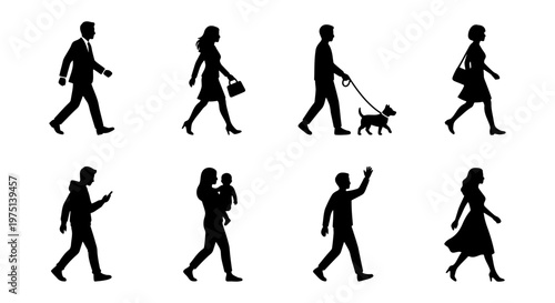 Walking people silhouettes set, diverse pedestrian figures in motion, black human profiles collection, urban crowd walking vector elements