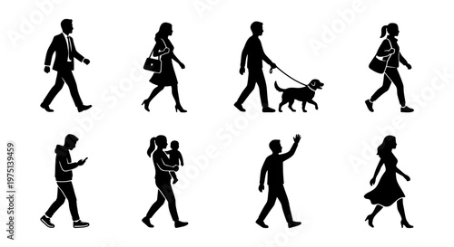 Walking people silhouettes set, diverse group of pedestrians in motion, black flat vector figures of men and women for urban architectural rendering