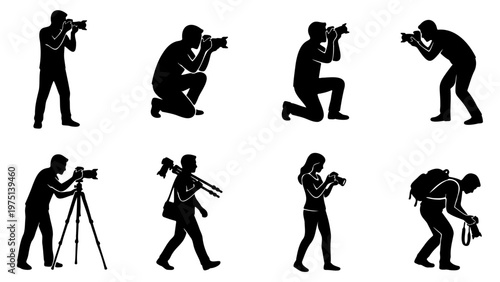 Professional photographer silhouette set, 8 vector icons of people with cameras and tripods, black and white photography hobbyist silhouettes