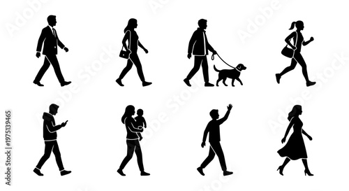 Walking people silhouettes set, diverse pedestrian figures in motion, black human profiles for urban architectural visualization, 8 vector elements