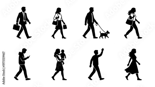 Black silhouettes of people walking, set of 8 diverse pedestrian figures, urban crowd walking side view, men and women in motion vector