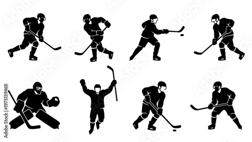 Ice hockey player silhouettes set, professional hockey athletes in action poses, black vector elements of goalie and skaters for sports design
