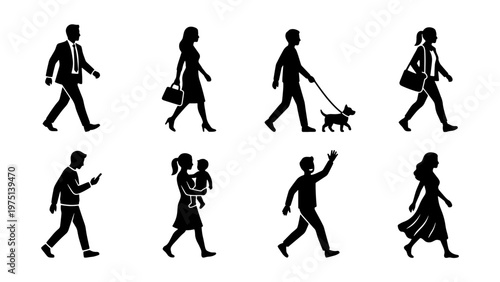 Walking people silhouettes set, diverse pedestrian figures in motion, black human icons walking dog and carrying baby, 8 vector elements