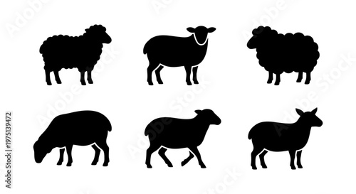 Black sheep silhouette collection, set of 6 farm animal vector icons, minimalist livestock silhouettes for agriculture branding and wool industry design