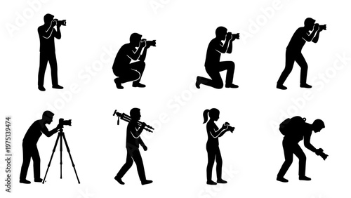 Photographer silhouette collection, 8 professional camera operator icons, male and female photographers with tripod and gear, black vector set