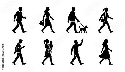 Walking people silhouettes set, diverse pedestrian figures in motion, black human silhouettes collection for urban architectural rendering and city life design