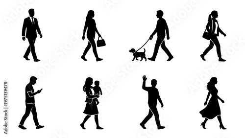 Walking people silhouettes set, diverse pedestrian collection with 8 vector figures, men and women in motion, urban lifestyle silhouettes for architectural rendering
