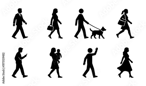 Walking people silhouettes set, diverse pedestrian figures in motion, black human icons walking dog and carrying baby, urban life vector elements