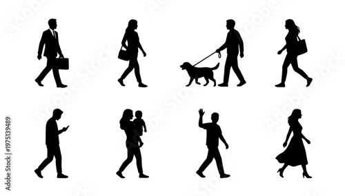 Walking people silhouettes set, 8 black vector figures of pedestrians in motion, diverse crowd of men and women walking in the city
