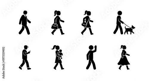 Minimalist walking people icons set, black stick figure silhouettes of pedestrians, diverse urban crowd walking and commuting vector elements