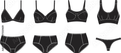 Black and white sketches of women's lingerie and underwear