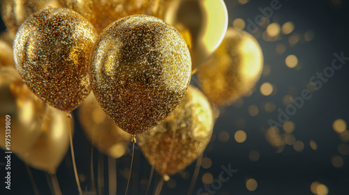Sparkling golden balloons floating on a dark background with bokeh lights creating a festive and elegant celebration atmosphere for special events and parties