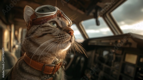 Tabby Cat Wearing Aviator Goggles Sitting Inside Vintage Airplane Cockpit During Sunset