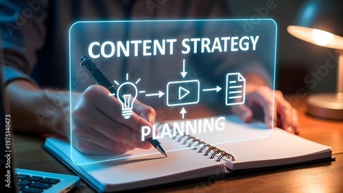 Content creator hand writing on notebook with digital content strategy hologram, creative social media marketing planning concept and online business editorial innovation in home office.