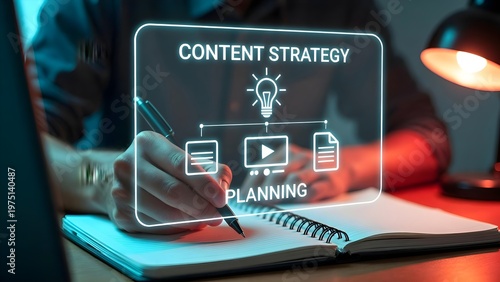 Content creator hand writing on notebook with digital content strategy hologram, creative social media marketing planning concept and online business editorial innovation in home office.