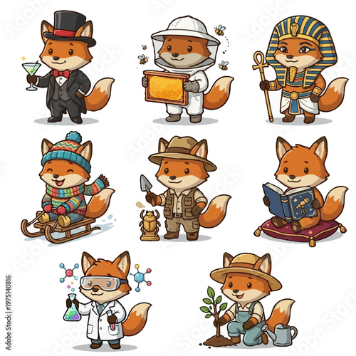 Set of 8 Cute Fox Characters - Kawaii Fox Gentleman, Beekeeper, Pharaoh, Sledding, Archeologist, Reading, Scientist, and Gardener - Vector Illustration
