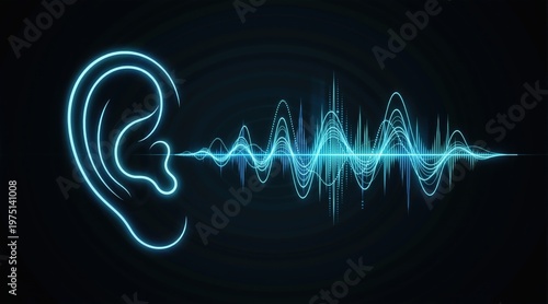 Abstract glowing blue neon outline of an ear with a digital sound wave. Concept of audio frequency and acoustic technology, minimalist design of illustration
