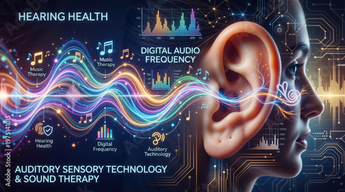 Digital audio frequency and hearing health concept. Glowing sound waves entering human ear. Auditory sensory technology and music therapy illustration