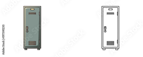 Metal school locker illustrations in colored cartoon and black linear styles featuring handles and vents used for storage on a white background