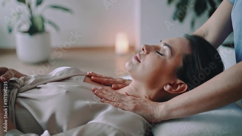 A serene woman lies down while receiving a soothing neck massage, exuding relaxation and tranquility in a peaceful setting.