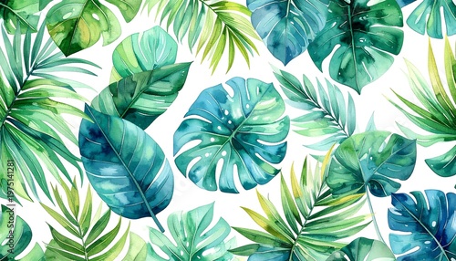 A vibrant watercolor pattern depicts tropical foliage. Lush green and teal leaves, including monstera and ferns, are scattered across white