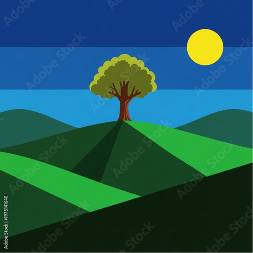 Solitary green tree standing atop rolling hill.