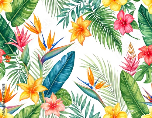 A vibrant watercolor pattern depicts tropical foliage, showcasing various flowers and leaves in shades of green, yellow, orange, and red against a white background