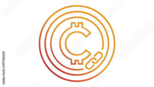 Minimalist cryptocurrency line icon vector illustration featuring a digital coin symbol with concentric circles and a chain link, ideal for blockchain, fintech, and electronic finance projects.