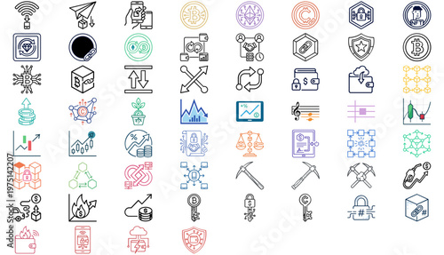 Mega vector icon set of 60 crypto fintech icons featuring blockchain, bitcoin, ethereum, nft, digital wallet, airdrop, security, financial growth, and decentralized network minimalist line art.