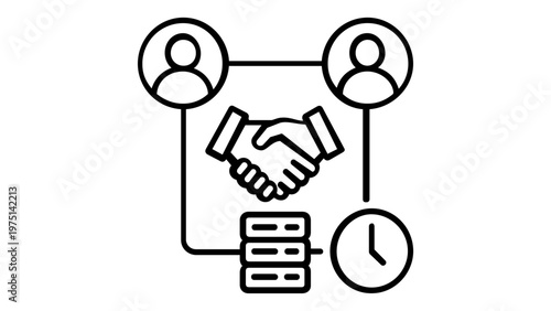 Cold Wallet Line Icon Vector Illustration for Crypto Fintech, Featuring Secure Peer-to-Peer Handshake Transaction, Blockchain Data Storage, and Time-Stamped Smart Contract Agreement Design