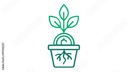Green gradient line icon illustration of a plant growing from a dollar coin in a pot with roots, symbolizing financial growth, investment, crypto gas fees, wealth, and sustainable finance.