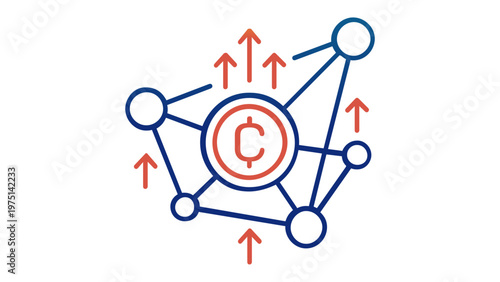 Vector illustration of a cryptocurrency gas fee line icon representing rising transaction costs in a blockchain network with a central coin, connected nodes, and upward arrows for fintech.